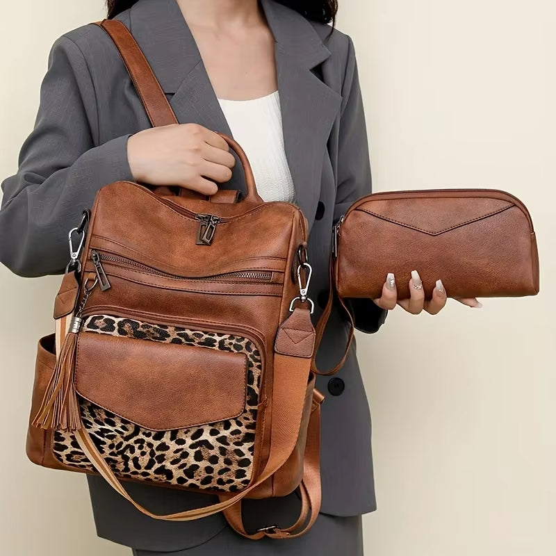 Two Pieces Vintage Women'S Backpack with Clutch Large Capacity Leopard Block Design with Tassel Stain Resistant Leather